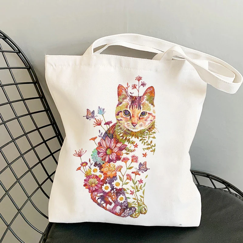 

Shoppers Bag Shoulder Canvas Beach Bags Messenger Large Capacity Handbags Summer Flower Cat Art Kawaii Aesthetic Teacher Gift
