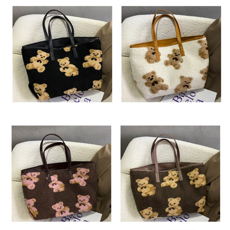 

066F Large Capacity Cute Bear Printed Women Lamb Like Fabrics Shoulder Bag Tote Handbag Shopping Bag