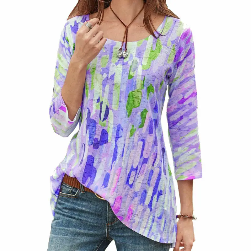 

Womens Ladies 3/4 Sleeve Casual Gradient Blouses Pullover Crew-Neck T-shirt Tops
