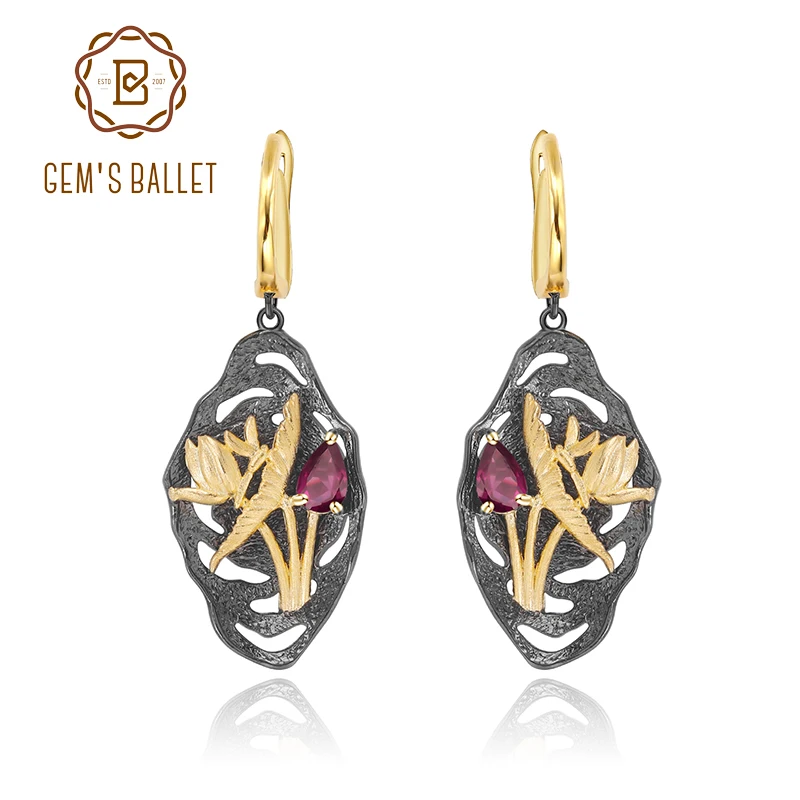 Женские серьги из серебра 925 пробы с натуральным родолитным