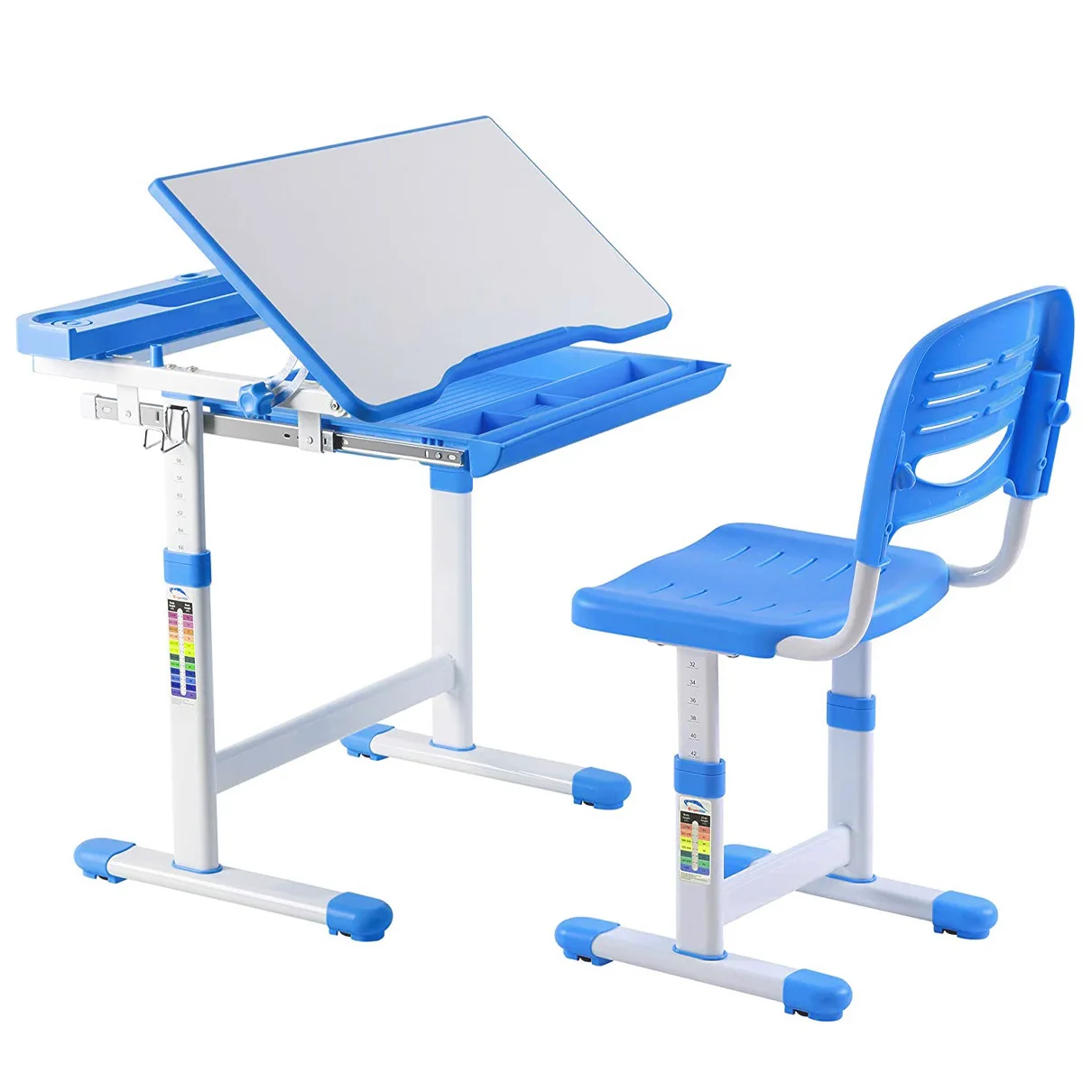 Children's desk and chair set with Tilt Desktop LED Light Drawer for kids Functional kid's study writing table |