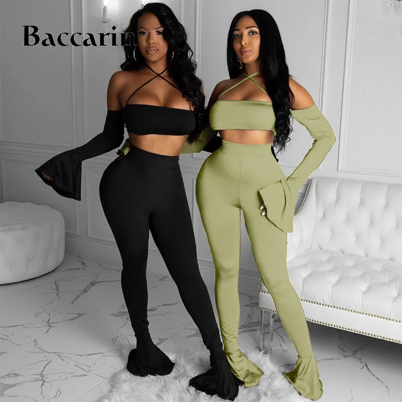 

Baccarin Solid Women Two Piece Set Halter Crop Top Flare Long Sleeve Off Shoulder High Waist Pants Streetwear 2020 Autumn Club