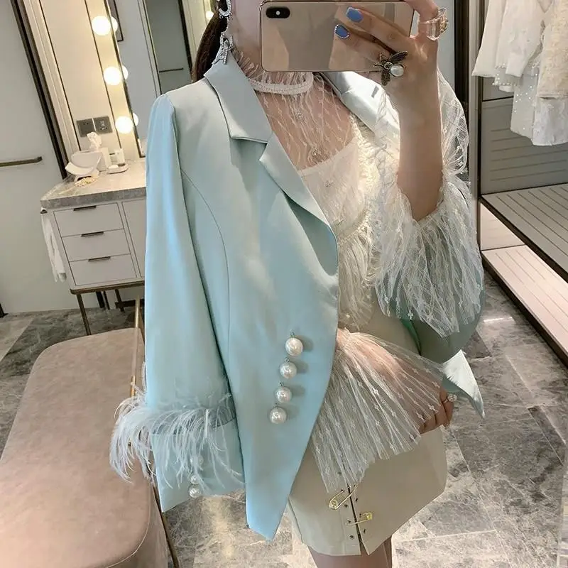 Pearl Button Feather Cuff Blazer Suit Women Outfit Single Breasted Long Sleeve Luxury Coat |