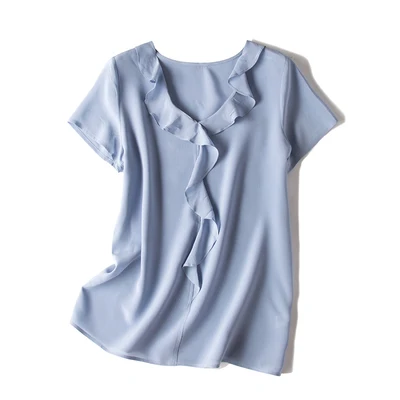 Slate Blue Женская блузка настоящий шелк С короткими рукавами Воротник с трепетом Блузка рубашка Офис Леди Блузки Осенняя рубашка - Цвет: Slate Blue