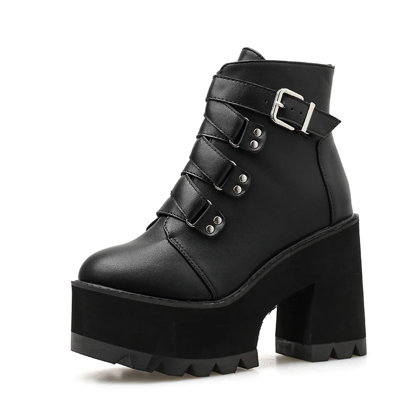 Женские ботильоны на квадратном каблуке повседневные ботинки платформе черные