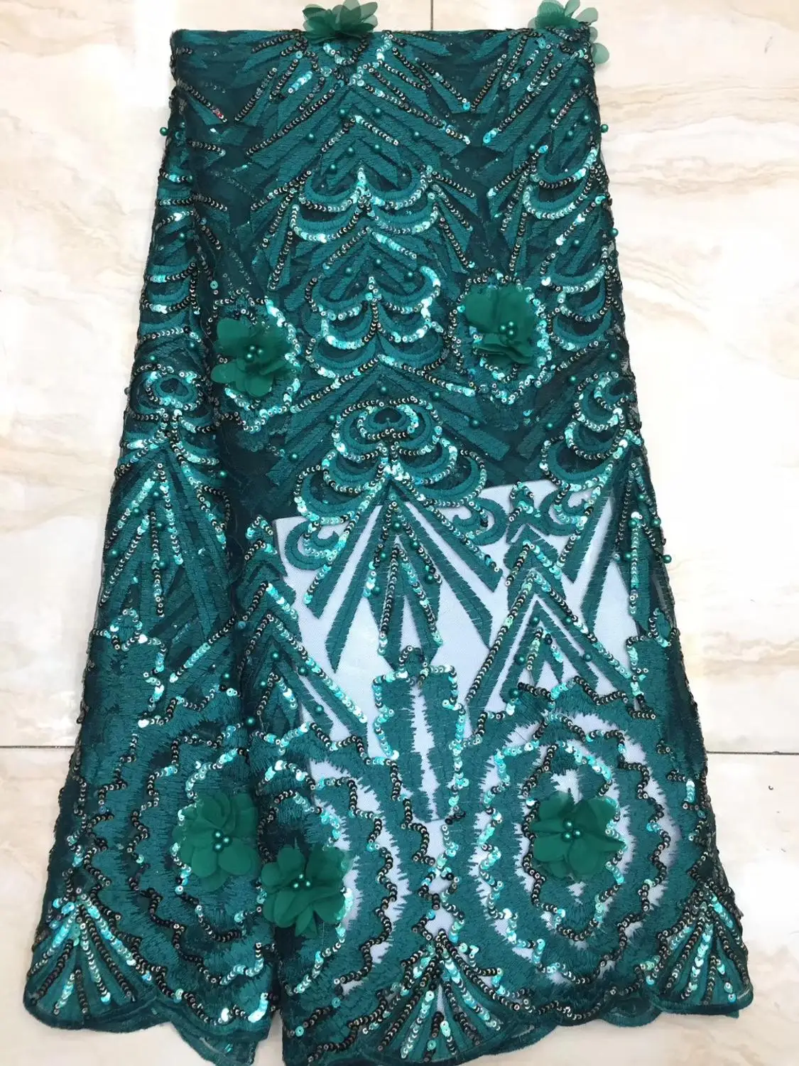 Кружевная ткань Бирюзовая африканская французская кружевная с бусинами