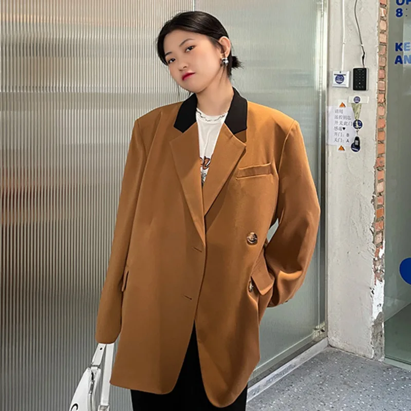 

SHENGPALAE Fashion Temperament Brown Blazer Women's Autumn 2021 New Notched Loose Single Breasted Long Sleeve Suit Jacket 5E2810