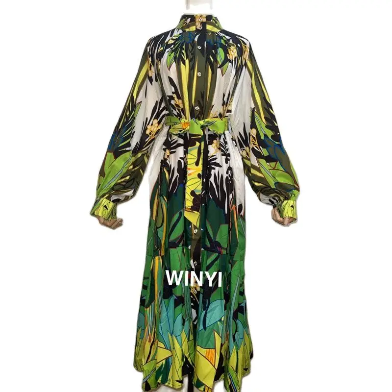 

2021Sunmer Fall Spring Newest Fashion Runway Women Long Sleeve Flower Printed 3D Butterfly Embroidery Long Dress Vestidos WINYI