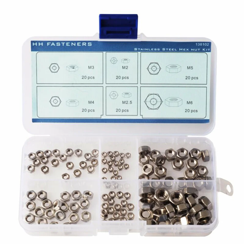 120 шт Шестигранная гайка из нержавеющей стали + коробка с резьбой в ассортименте M2