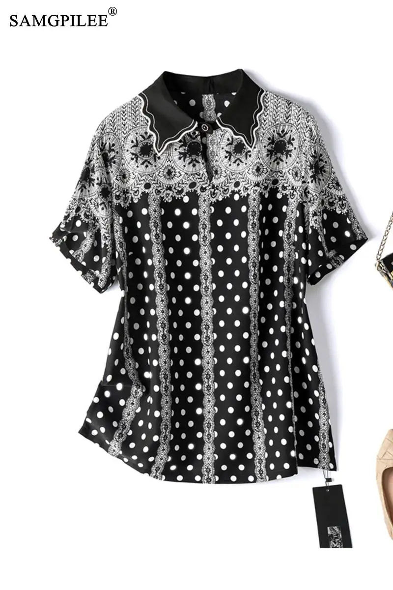 

Summer T Shirts Oversized 2021 New Retro Peter Pan Collar Polka Dot Figure Chiffon Office Lady Straight Women T-shirt Plus Size
