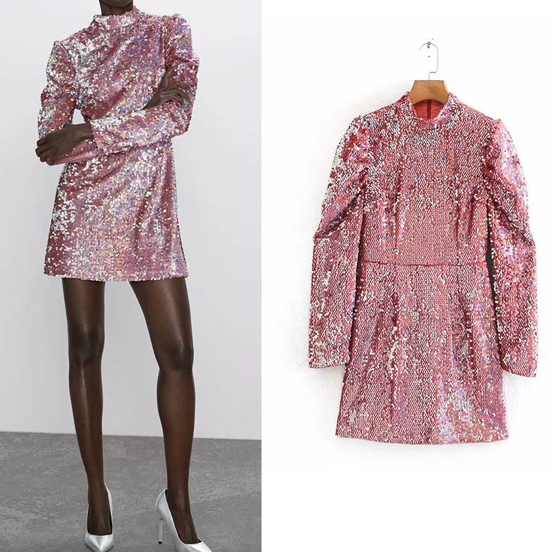 Женское мини платье с блестками розовое Клубное длинным рукавом 2019|Женские