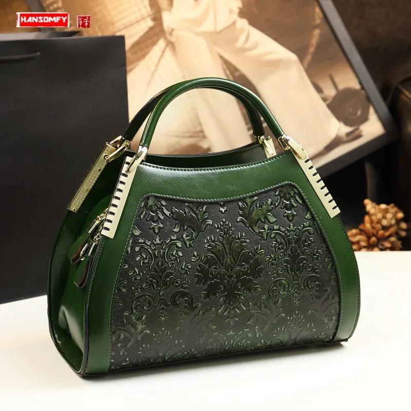 

2021 Fashion Genuine Leather Women Handbags Female Embossed Flowers Shoulder Messenger Dumplings Bag Ladies Portable Tote Bags