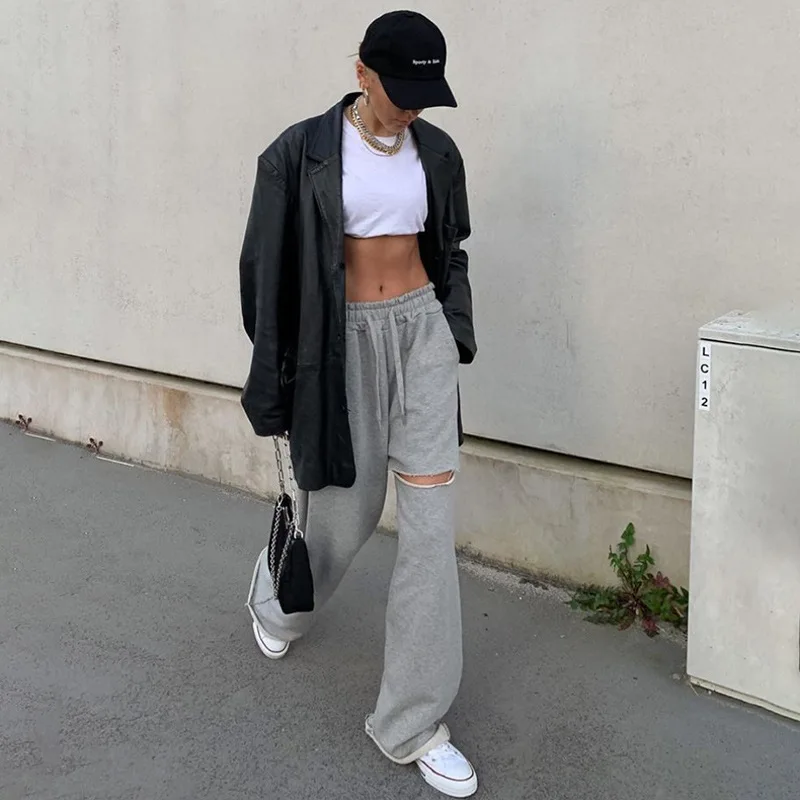 NCLAGEN Women Pants Streetwear Fashion Hole Loose Casual Straight Trousers Woman Jogger Pantalons Grey Sudadera Capris | Женская одежда