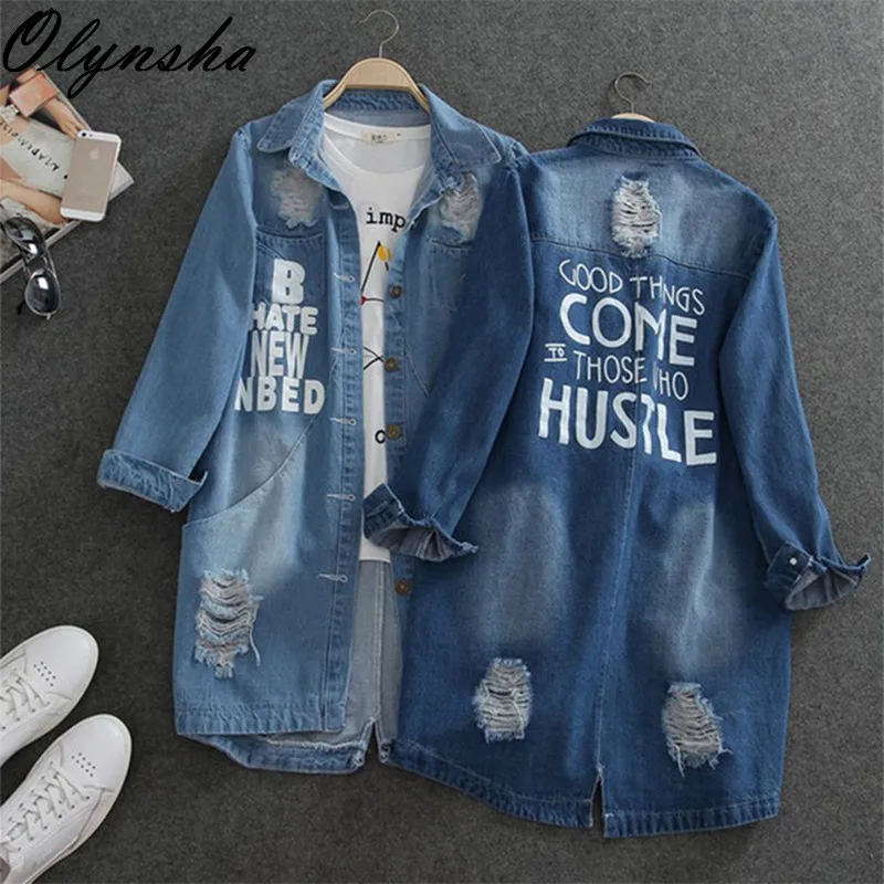 

Korean Slim Denim Shirts Jacket Women Mid-long Jeans Jackets Woman Denim Jacket Letter Print Ripped Plus Size Denim Coat Top