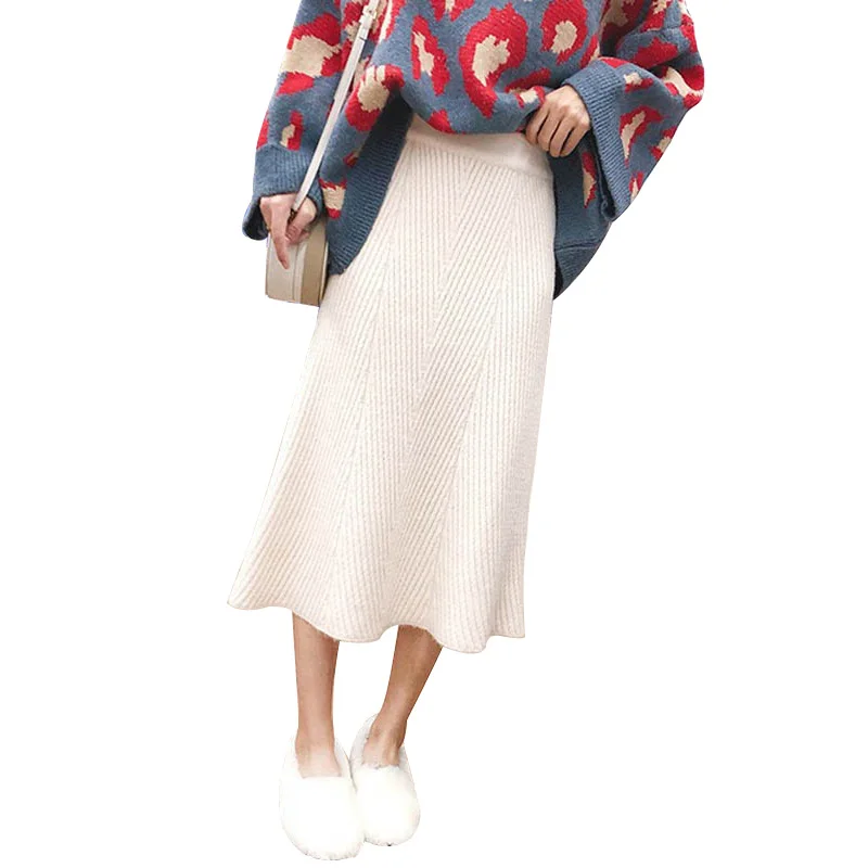 NORMOV Fashion Womens Autumn And Winter New High Waist Long Section Knitted Skirt Wool A Word Skirt Solid Color Casual Skirt