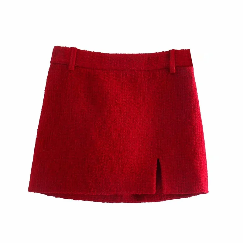 

ZXQJ Women Solid Tweed Skirt 2021 Autumn Fashion Ladies Slim Sexy Zipper Short Skirts Female Red Side Slit Textured Mini Skirt