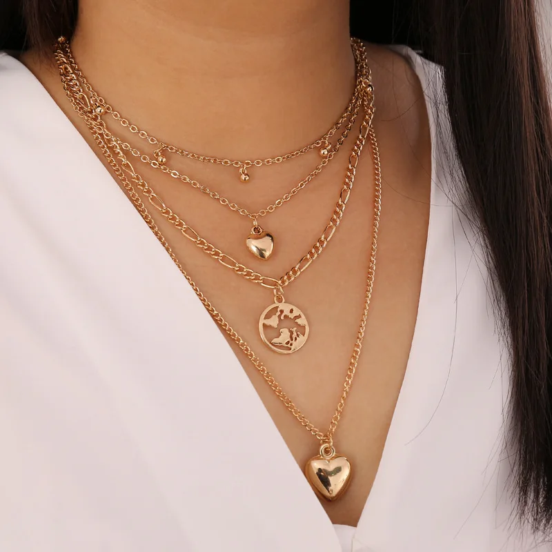 

European and American jewelry, water drop love map, multi-layer necklace, female, retro and creative personality chain rings