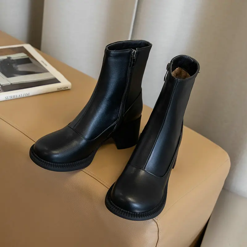 

2021 PU Leather Ankle Boots Casual Round Toe Square Heel Women Shoes Autumn Winter Zipper Ladies Casual Shoes Size 34-40