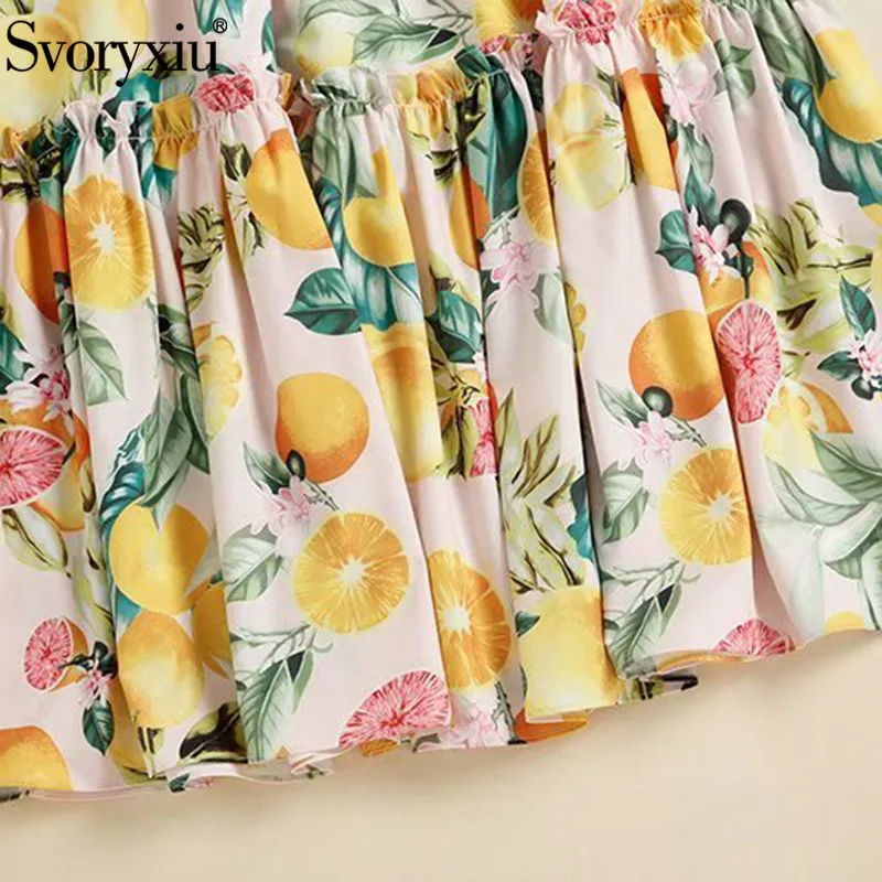

Svoryxiu luxury Runway Summer Party Ruffles Dresses Women's Fashion Half Sleeve Square Collar Fruit Print High Waist Midi Dress