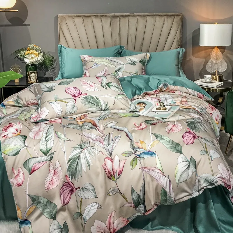 

Luxury Egyptian Cotton Duvet Cover Set Queen King Vibrant Flower Tree Leaves Print Bedding Set with Zipper Bed Sheet Pillowcases