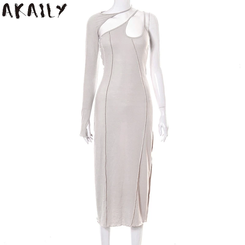

Akaily Streetwear One Shoulder Hollow Out Slim Dresses For Women Solid Halter Side Slit Midi Dress Summer Bodycon Dresses Female