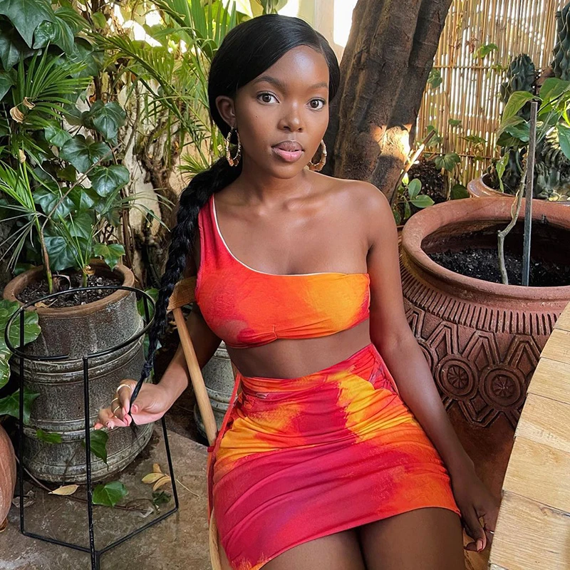 

2021 New Short Skirt Casual Women's One-Shoulder Sleeveless Beach Slim Short Skirt Suit Open Back And Navel