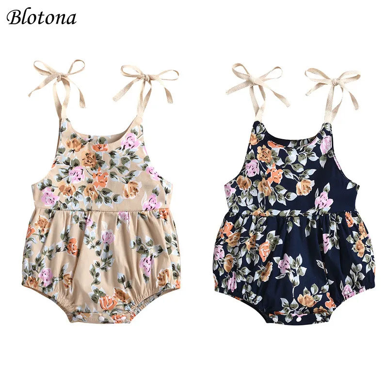 

Blotona Baby Girls Casual Suspender Jumpsuits Fashion Flower Print Round Neck Bow Lace-Up Triangle Romper for Summer 0-24Moths