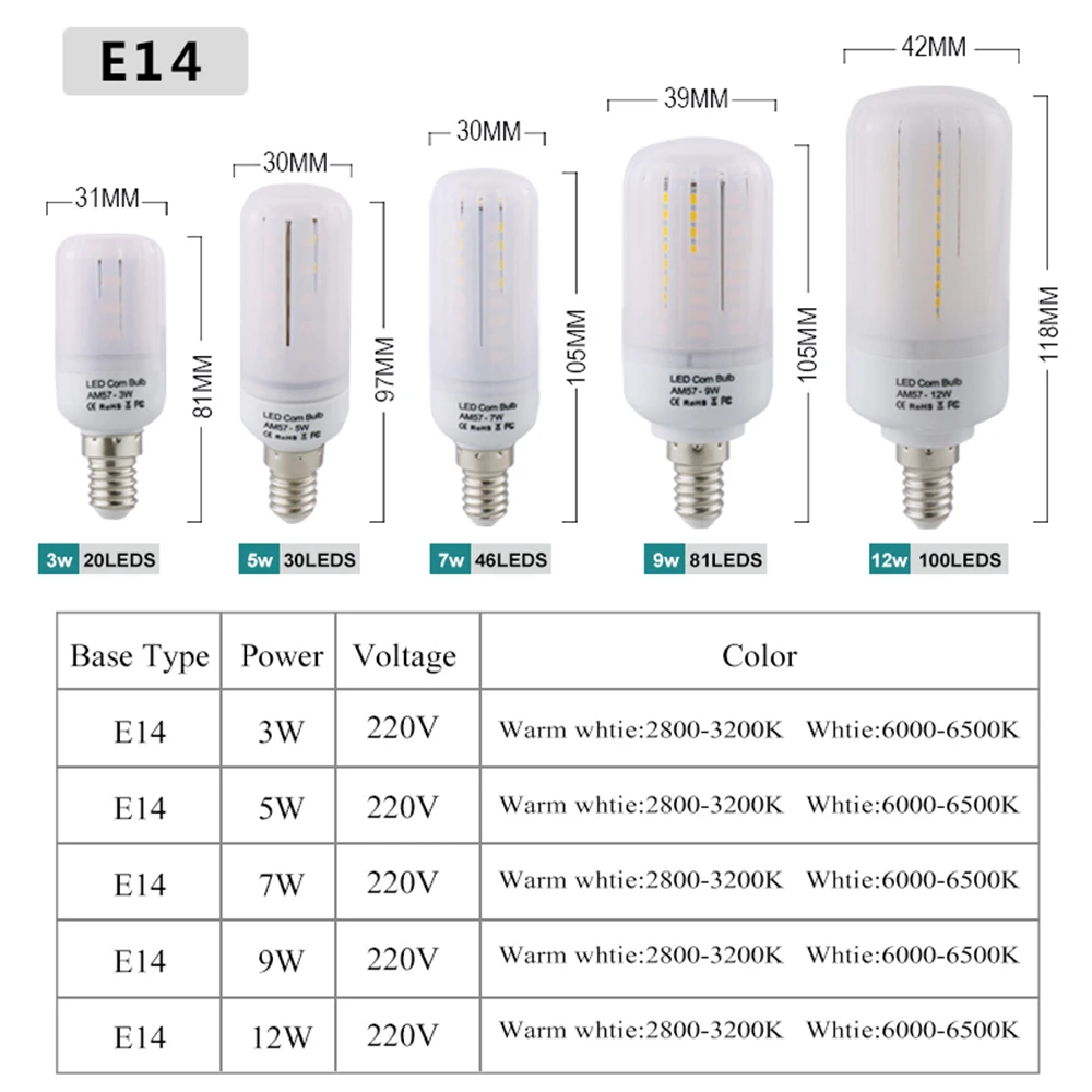 

220V 110V E27 E14 LED Corn Lamp E27 E14 Bulbs 3W 5W 7W 9W 12W Spotlight Bulb 220V 110V Chandelier Candle Light Bright 5736 SMD