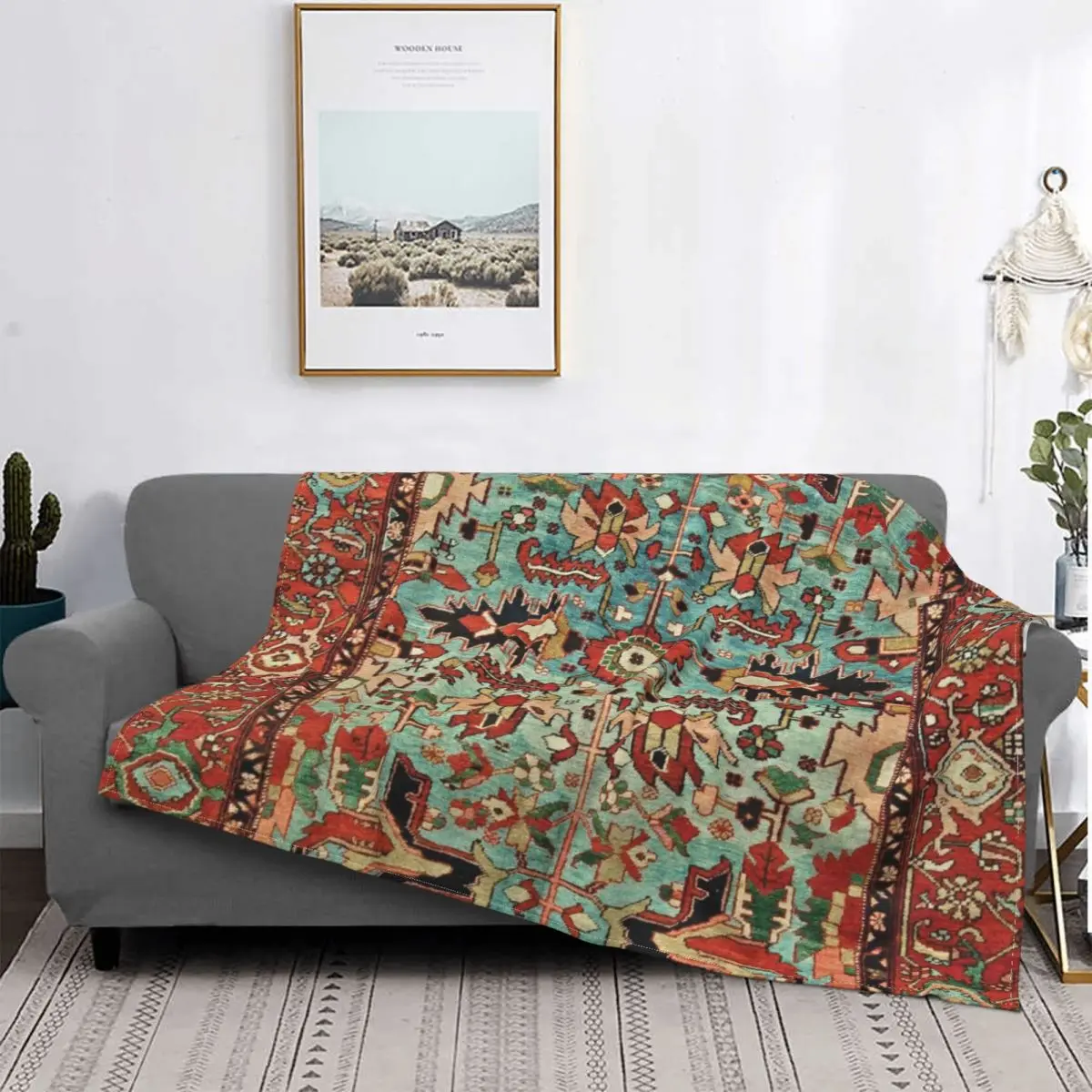 

Antique Heriz Persian Blanket Vintage European Boho Plush Thick Ultra-Soft Flannel Fleece Throw Blankets For Sofa Bed Velvet