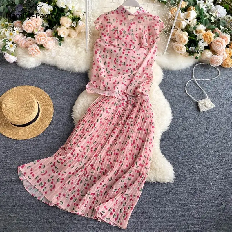 

Summer Women's Sets Korean Holiday Style Sleeveless Shirt Printed Pleated Skirt New Casual Female Two-piece Sets LL954
