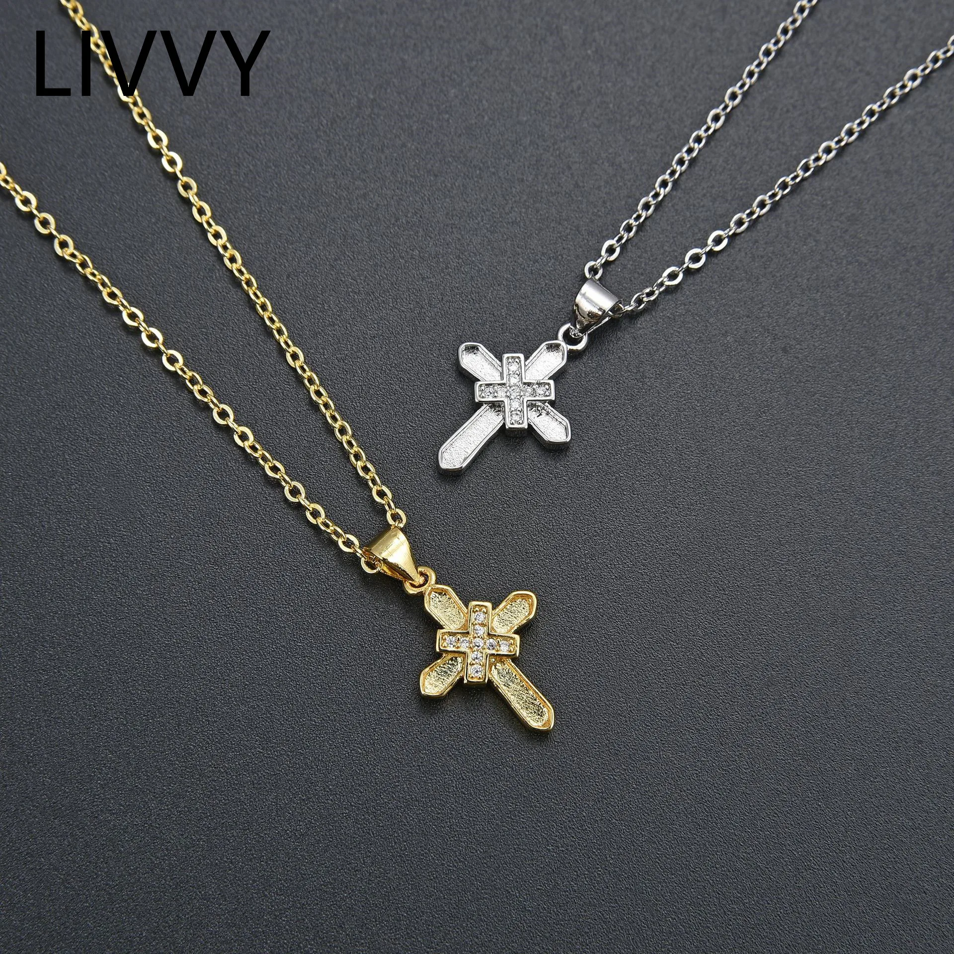 

LIVVY Silver Color Fashion Double Cross Crystal Zircon Pendant Necklace Jewelry For Men/Women Sweater Clavicle Chain Jewelry