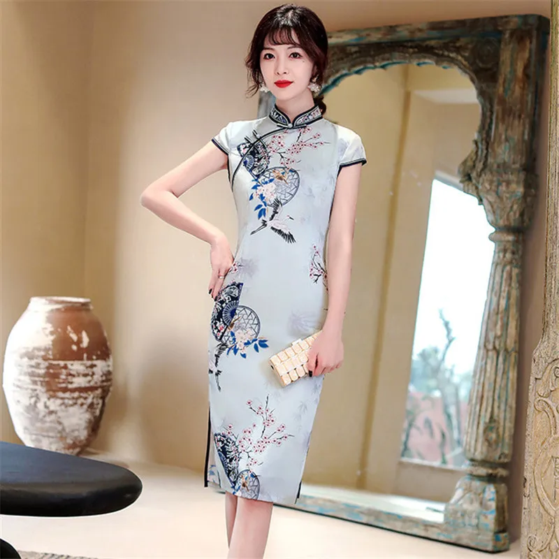 

Sexy Flower Printed Rayon Qipao Chinese Style Short Sleeve Satin Mandarin Collar Cheongsam Oriental Women Dress