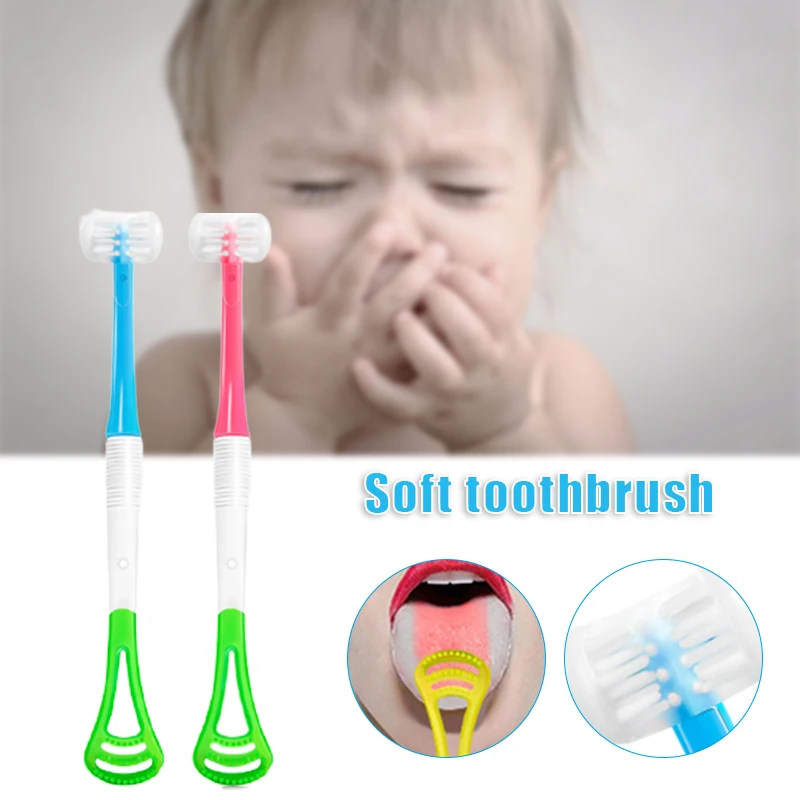Kids Toothbrush & Tongue Cleaner 3-sided Tooth-hugging Toothbrush Silicone Tongue Scraper Training Brush For Toddler