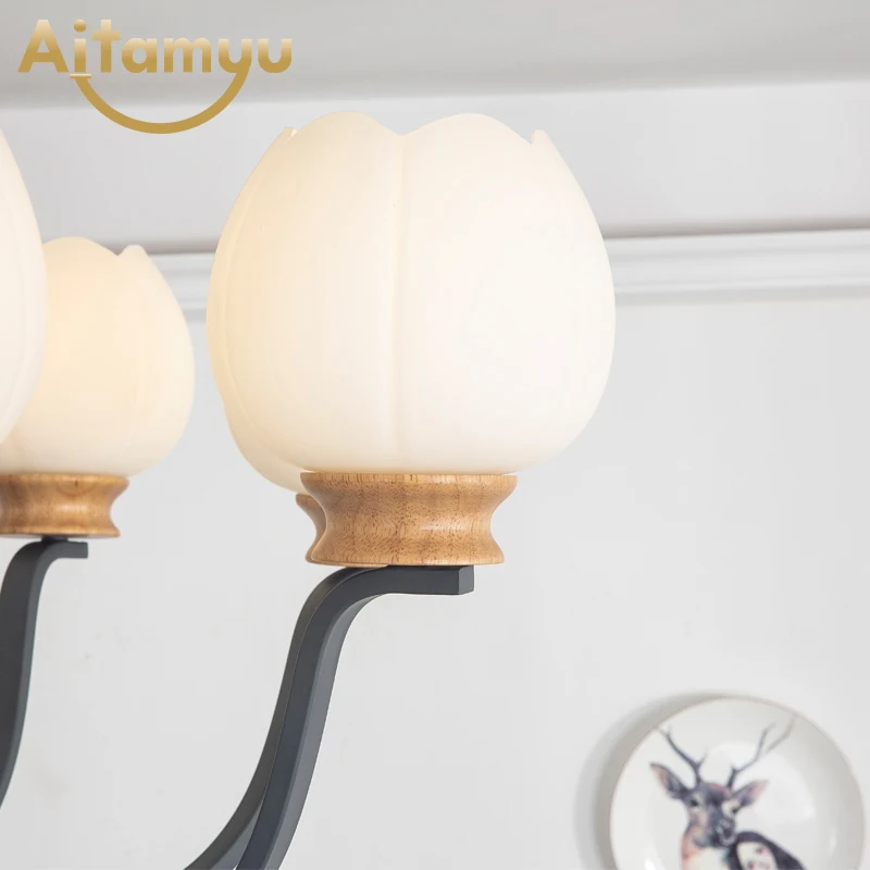 Nordic Wooden Chandelier Solid Wood LED Ceiling E27 With Glass Lampshade creative Lighting Fixtures Hanging Light | Лампы и освещение