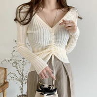 2021 v neckthin section drawstring pullovers sweaters high waist unicolor all match slim warm casual outwear autumn women tops