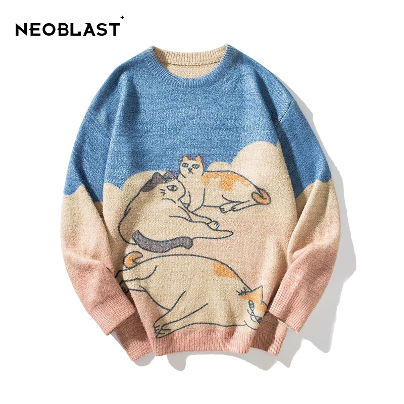 Suéter con patrón abstracto de gato para hombre, jerseys Harajuku divertidos de punto, ropa de diseñador, invierno, novedad