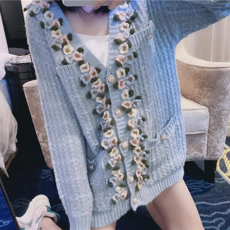 Runway 2021 Autumn Christmas Handmade 3D Flowers Sweater Midi Cardigans Blue Single Breasted Coat Winter Clothes Brand Design |