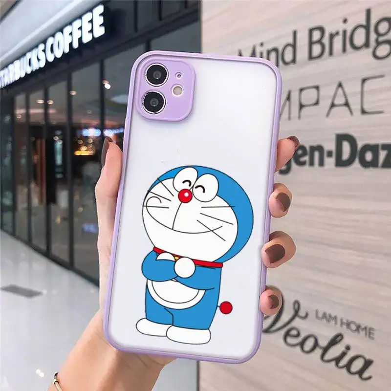 

Cute Cartoon Doraemon Robot cat Phone Case For iPhone 12 11 Mini Pro XR XS Max 7 8 Plus X Matte transparent Purple Back Cover
