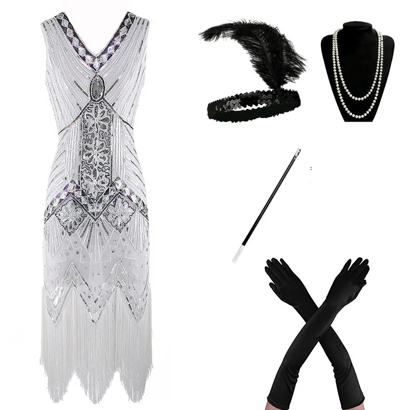 white set 1920s Flapper платье Great Gatsby вечерние платья с блестками и бахромой - Цвет: white set