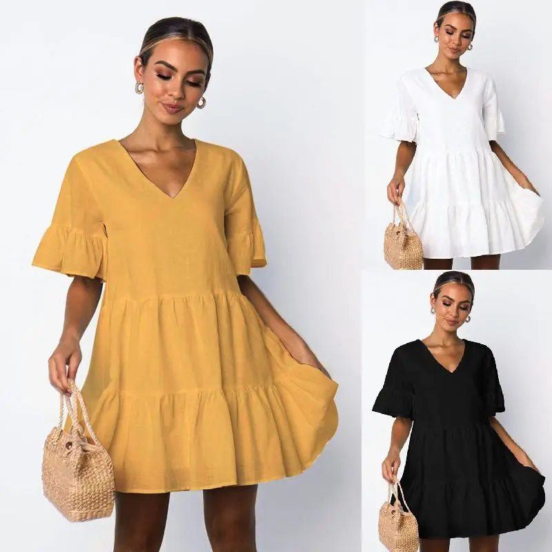 

Sexy V-neck Plain Smock Dress Women Summer Short Sleeve Loose Fit Frill Mini Dress Ruffle Solid Button Decorated A-Line Dresses