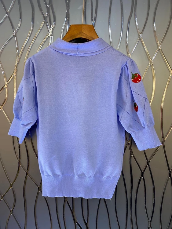 

2021 spring and summer new women's tie neck decoration strawberry pattern color matching short sleeve versatile top 316