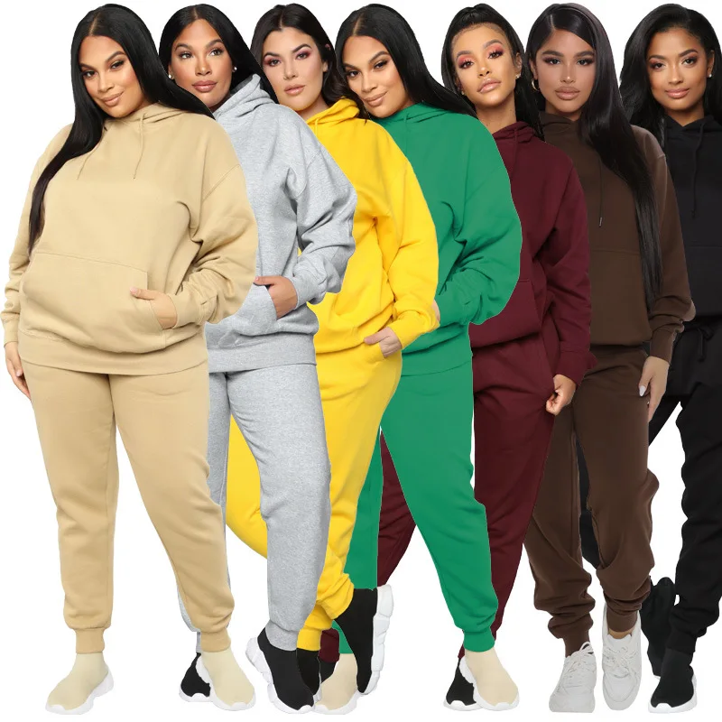 Causal Winter Hoodie Sweater Solid Color Outfits Tracksuit for Women Plus size 5xl Two Piece Pants Set