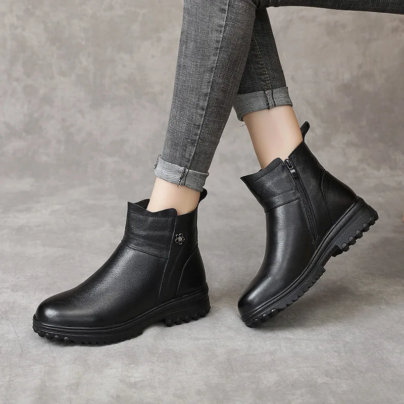 

Ботильоны женские из 100% натуральной кожи, теплые зимние ботинки на толстой подошве, с плюшевой подкладкой, полусапожки из воловьей кожи, чер...