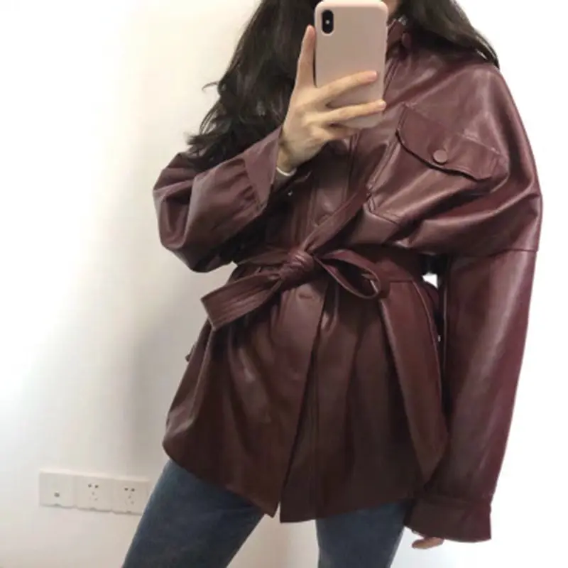 Женская кожаная куртка из искусственной кожи верхняя одежда в стиле ретро с