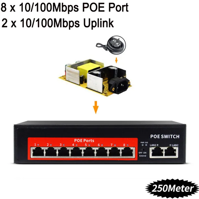 10 портов стандартная сетевая система 8 + 2 PoE переключатель питания через Ethernet