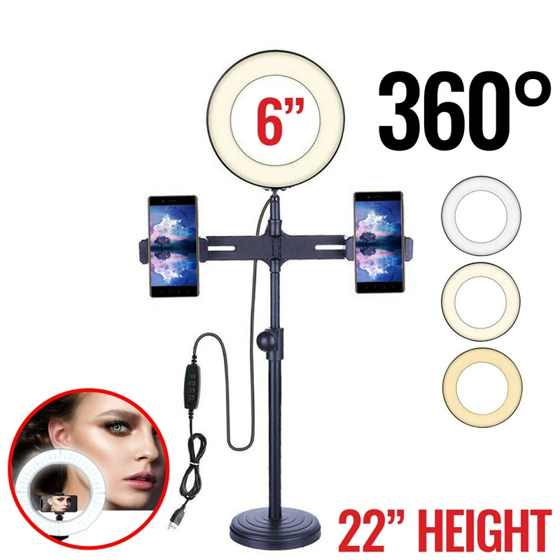 Светодиодная кольцевая лампа для фотосъемки с двойной подставкой iPhone селфи