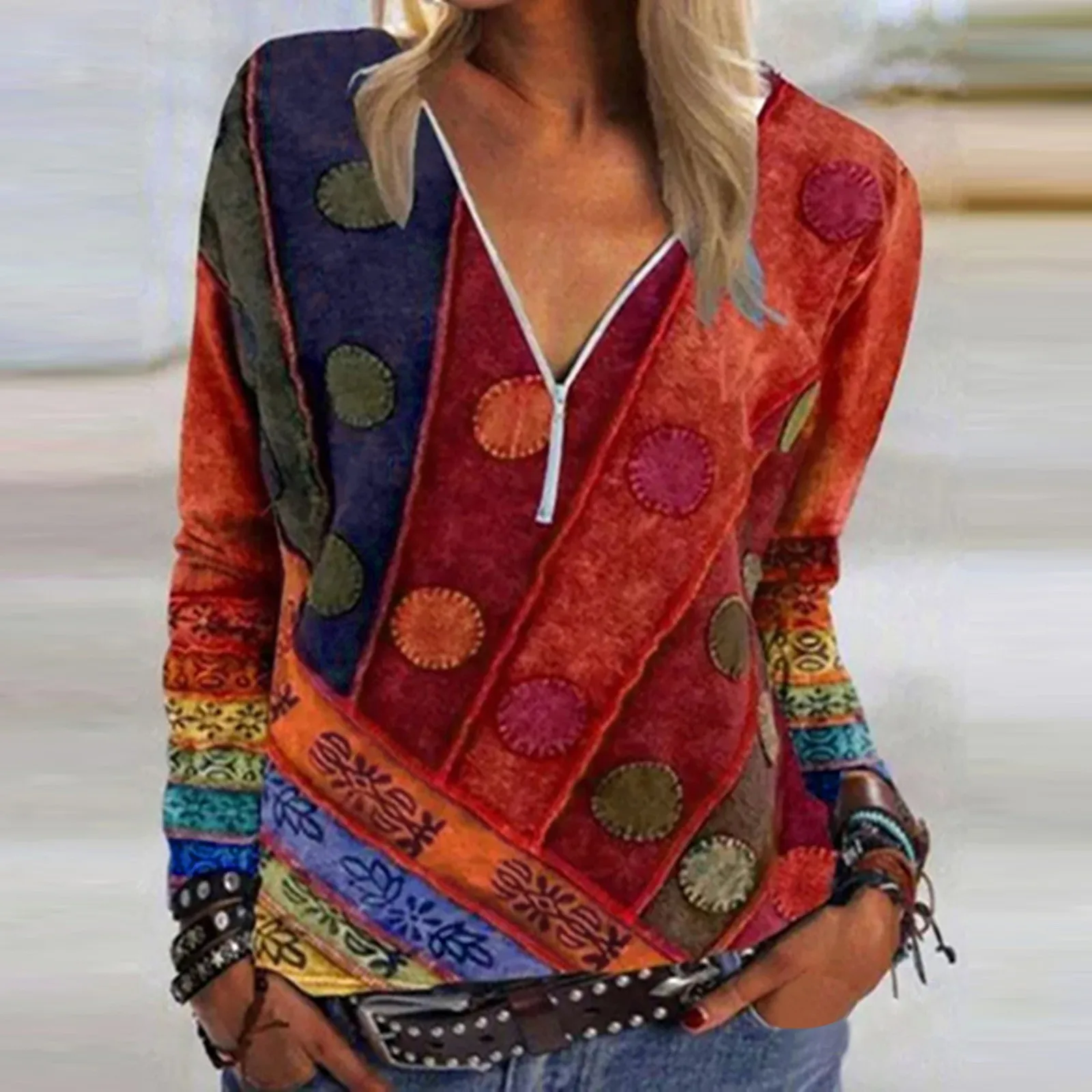 

Women's T-shirt 2021 Spring And Summer New Fashion Vintage Printed Zipper V-neck Long Sleeve T-shirt Casual Plus Size Soft Top