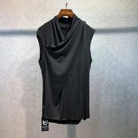 mens summer sleeveless trendy asymmetrical lapel slimming personality t shirt pure color stretch t shirt