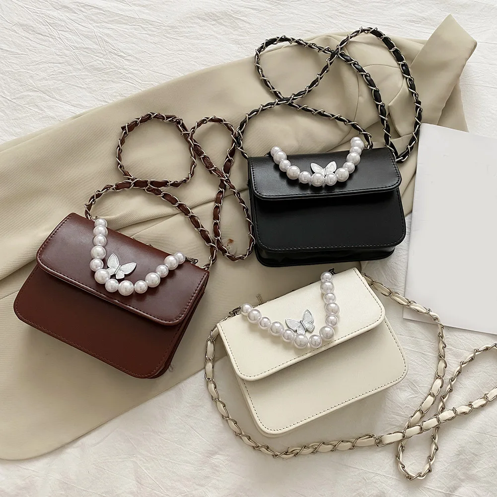 Модные однотонные сумки на плечо женские сумки-мессенджеры с жемчугом и бабочкой