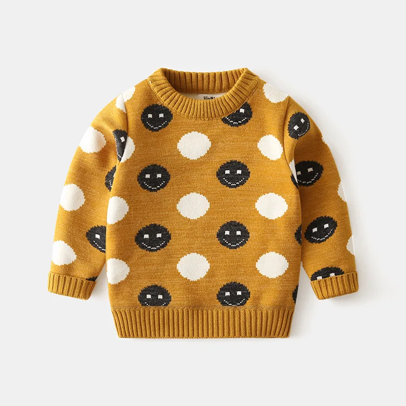 

New Cute Smiley Kids Sweaters Spring Winter Baby Boys Girls Warm Tops Thicken Knitted Bottoming White Yellow High Quality